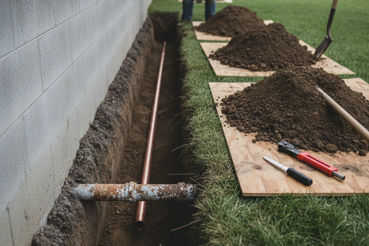 Excavated water line trench during Sewer Line Repair in Milton